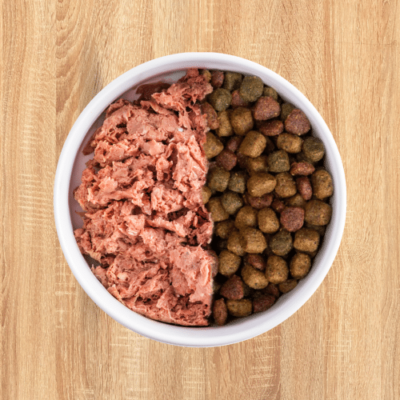 A dog bowl with raw food on one side and kibble on the other