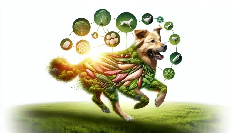 A close-up of a healthy dog with a shiny coat playfully running in a sunny park, surrounded by greenery, with nutritional icons symbolizing the benefits of a balanced raw diet.