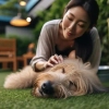 A content dog resting on soft grass after a fun day at daycare, being gently patted by its owner, highlighting their bond and relaxation.