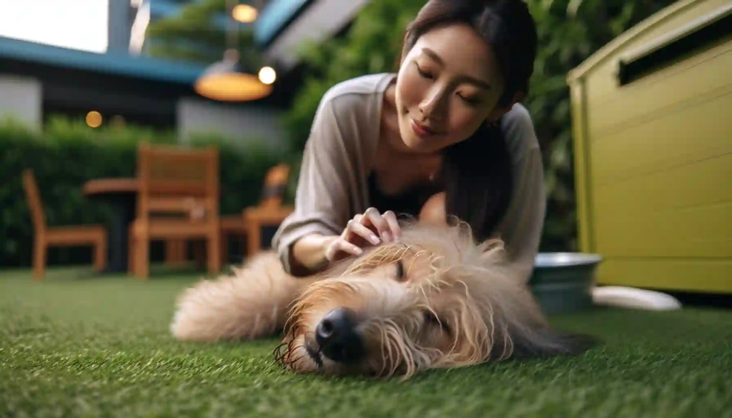 A content dog resting on soft grass after a fun day at daycare, being gently patted by its owner, highlighting their bond and relaxation.