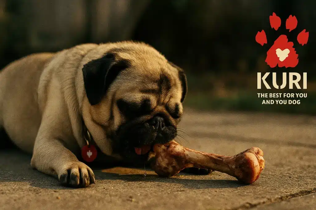Tan and black fat pug eating a raw dog food bone