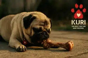 Tan and black fat pug eating a raw dog food bone