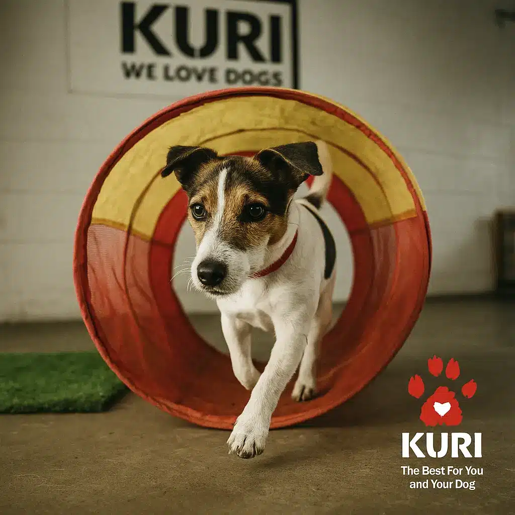 Jack russle playing in a tube at Kuri Doggy Daycare