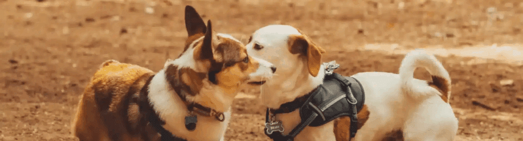 Two small dogs playing at Kuri doggy daycare