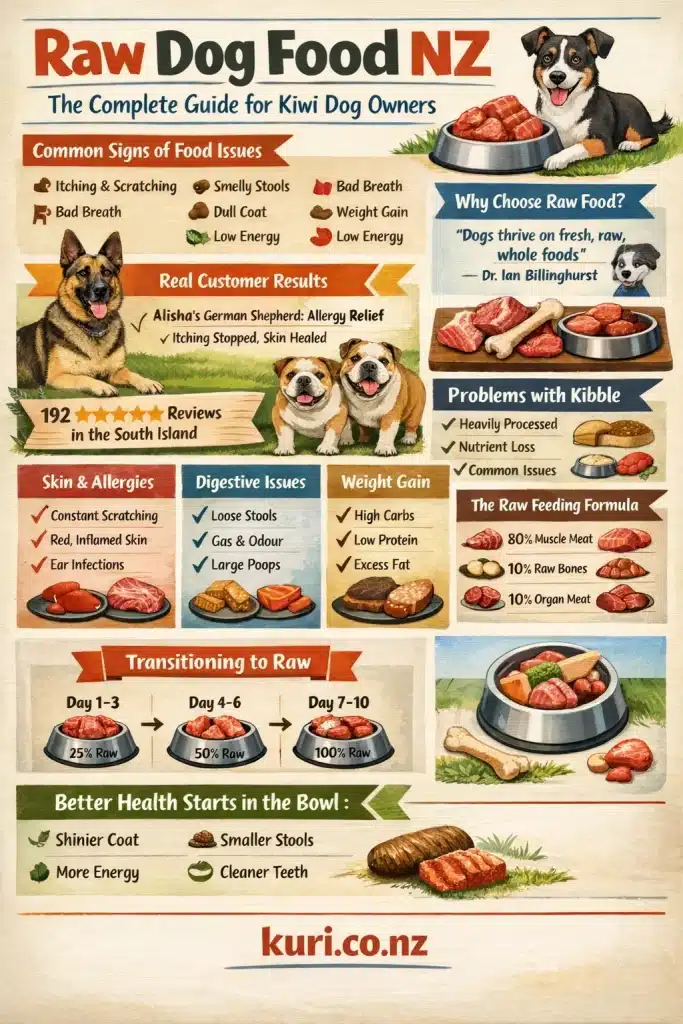 Infographic titled “Raw Dog Food NZ. The Complete Guide for Kiwi Dog Owners.” The graphic explains common dog health problems linked to diet, including itching, smelly stools, dull coats, bad breath, weight gain, and low energy. It compares processed kibble with raw feeding and highlights benefits of raw diets such as improved digestion, shinier coats, cleaner teeth, and better energy levels. Sections describe skin allergies, digestive issues, weight gain, and dental health. A raw feeding formula shows 80 percent muscle meat, 10 percent bone, and 10 percent organ meat. A transition guide shows switching to raw food over 10 days from 25 percent to 100 percent. The infographic includes illustrations of dogs, raw meat, bones, and food bowls. The bottom of the image displays the website kuri.co.nz.