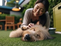 A content dog resting on soft grass after a fun day at daycare, being gently patted by its owner, highlighting their bond and relaxation.